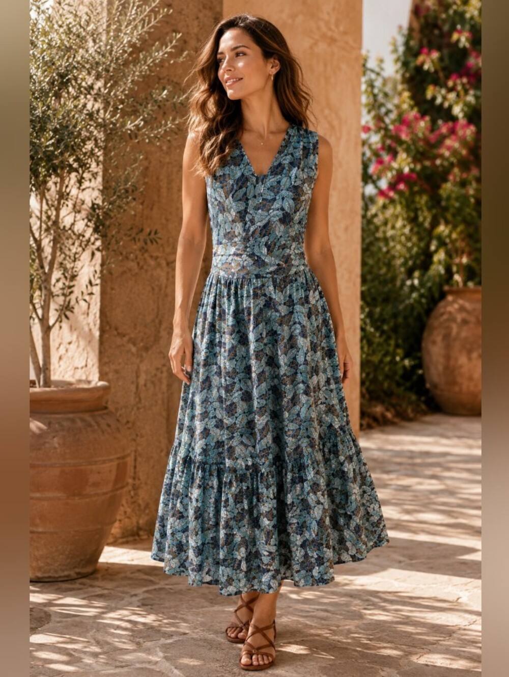 Ramy Brook Abstract Floral V-Neck Sleeveless Maxi Dress in Light Blue